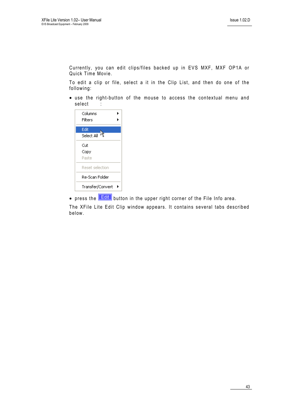 2 editing a clip, 2 'editing a clip, Editing a clip | EVS Xfile Version 1.02 - February 2009 User Manual User Manual | Page 48 / 74