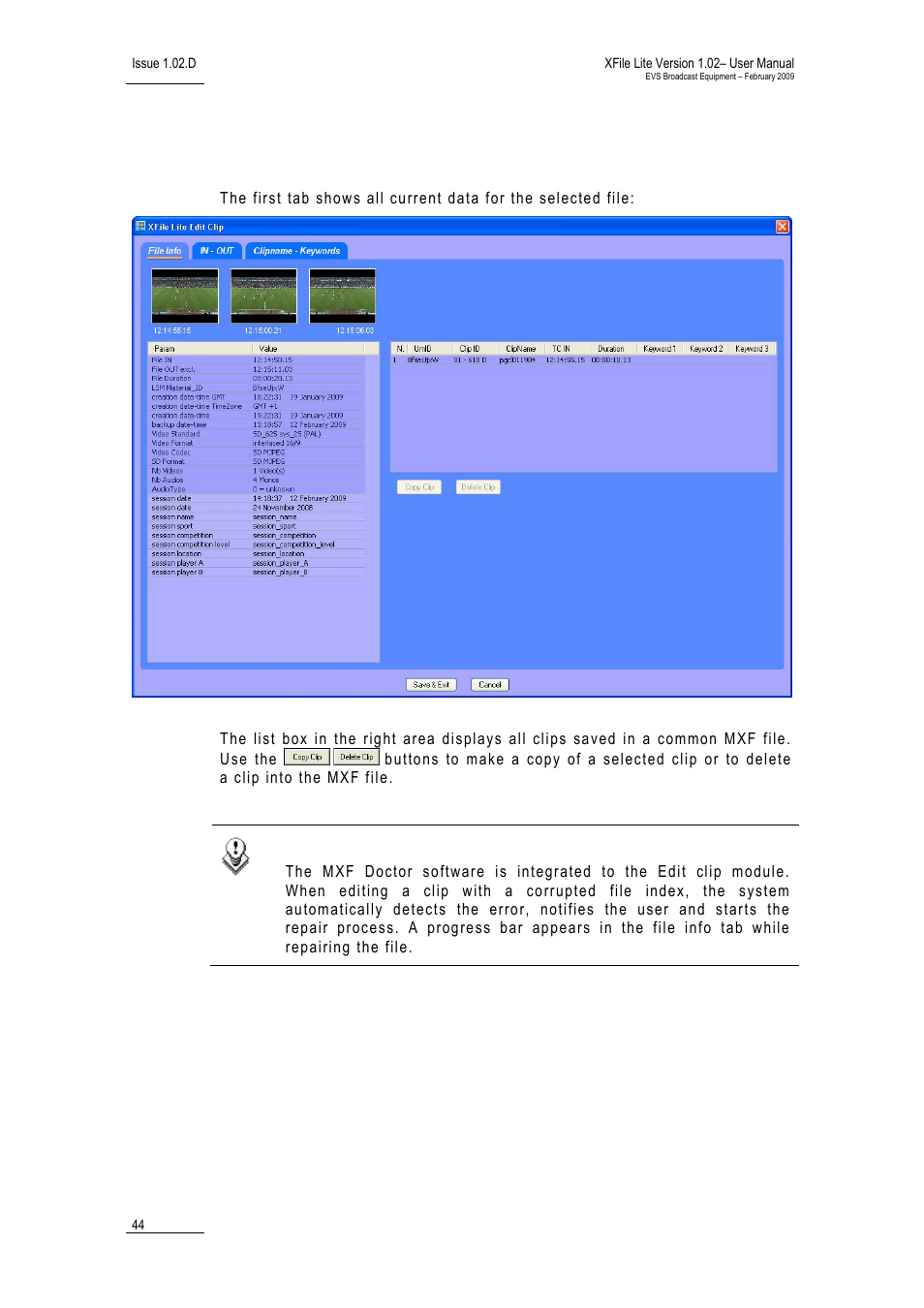 1 file info tab | EVS Xfile Version 1.02 - February 2009 User Manual User Manual | Page 49 / 74
