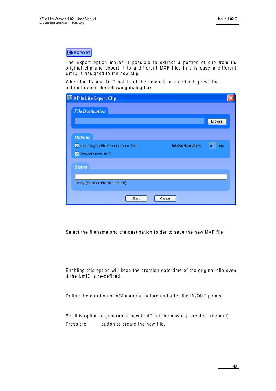 4 export option, File destination area, Options area | Keep original file creation date-time, Guardbands, Generate new umid, Xport, Ption | EVS Xfile Version 1.02 - February 2009 User Manual User Manual | Page 54 / 74