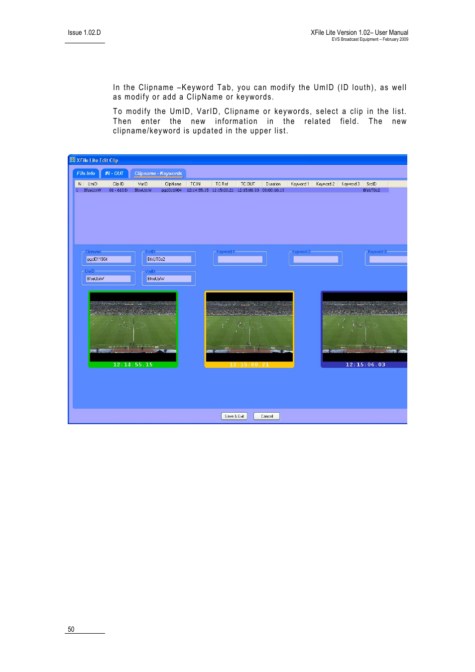 5 clipname – keywords tab, Lipname, Eywords | EVS Xfile Version 1.02 - February 2009 User Manual User Manual | Page 55 / 74