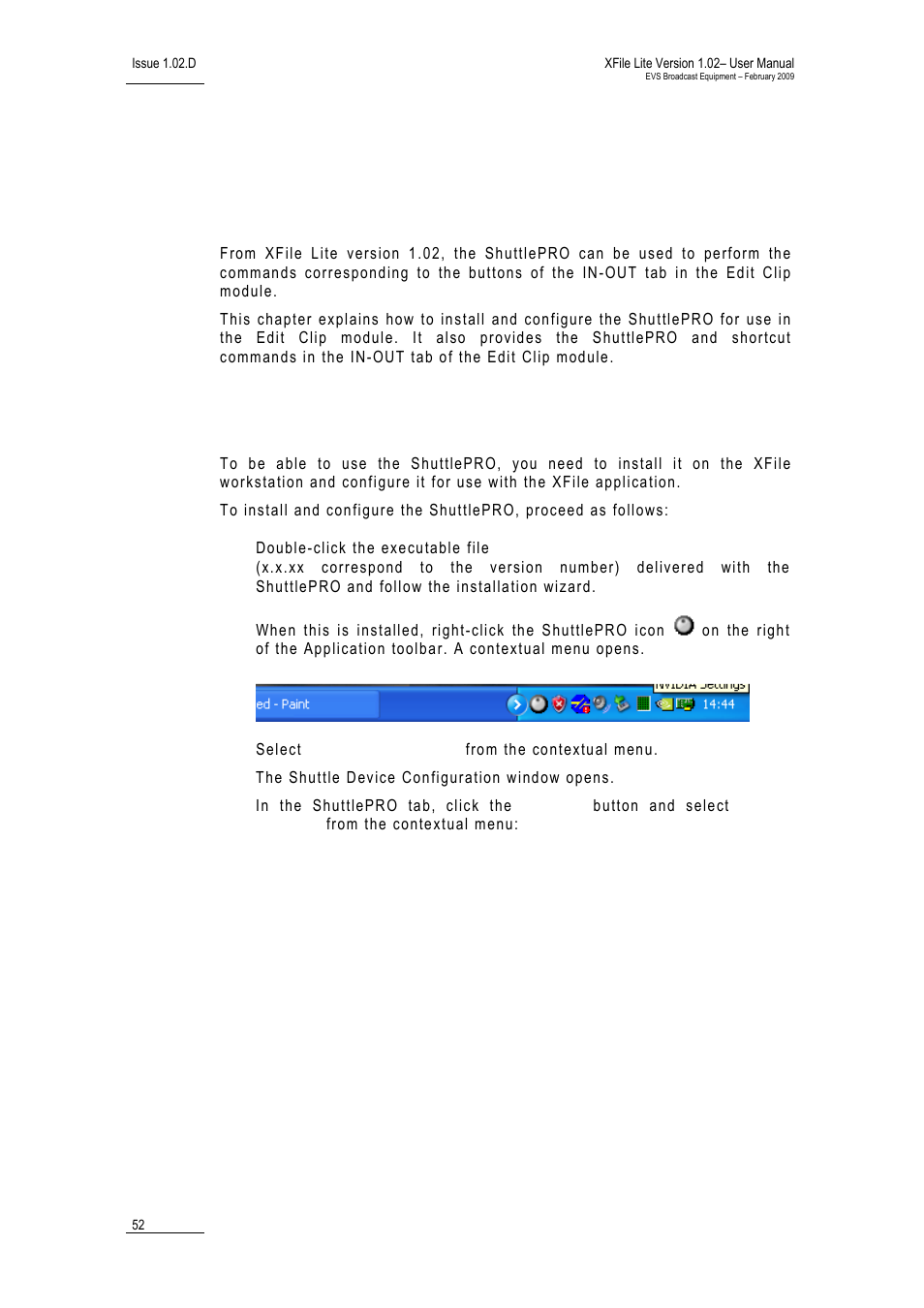 3 shuttlepro use in edit clip module, 1 shuttlepro installation and configuration, Huttle | Nstallation and, Onfiguration | EVS Xfile Version 1.02 - February 2009 User Manual User Manual | Page 57 / 74