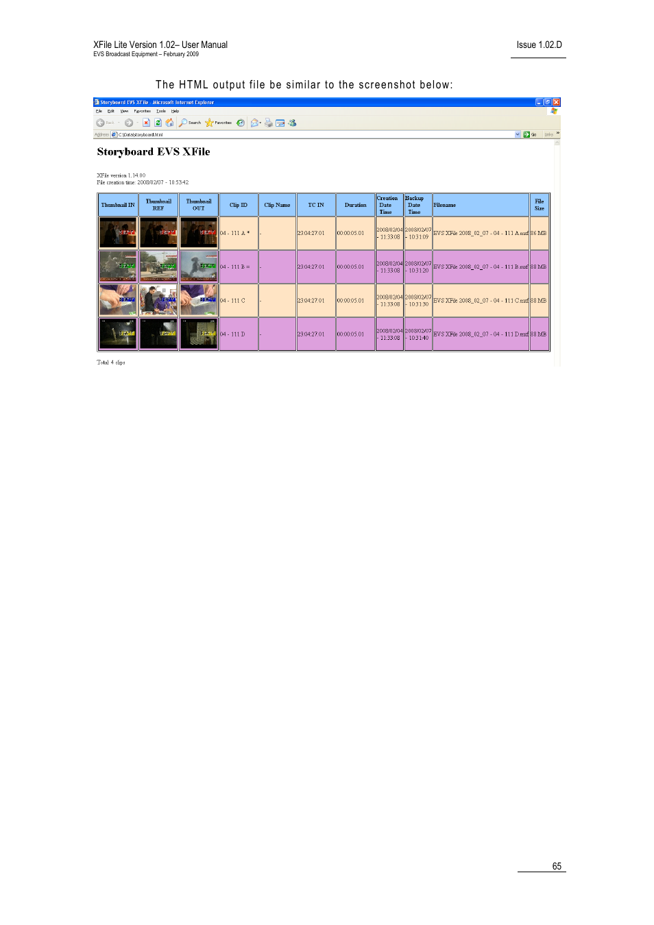 EVS Xfile Version 1.02 - February 2009 User Manual User Manual | Page 70 / 74