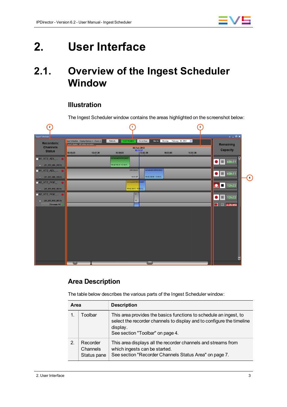 User interface, Overview of the ingest scheduler window | EVS IPDirector Version 6.2 - June 2013 INGEST SCHEDULER User Manual User Manual | Page 13 / 68