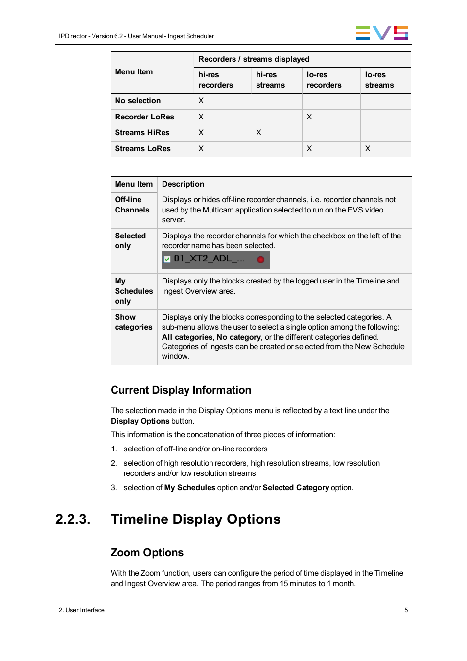 Timeline display options, Current display information, Zoom options | EVS IPDirector Version 6.2 - June 2013 INGEST SCHEDULER User Manual User Manual | Page 15 / 68