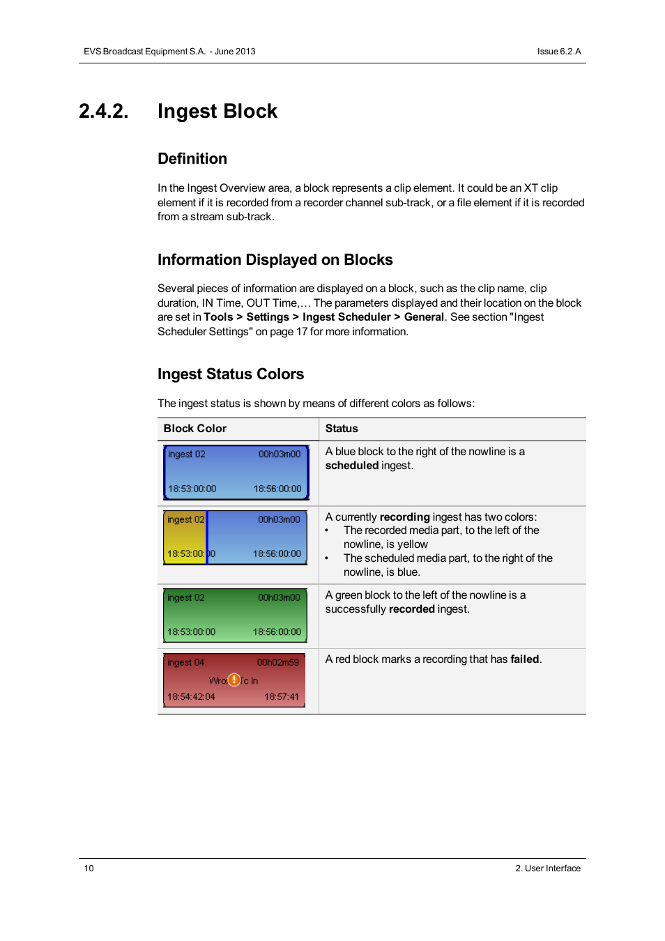 Ingest block, Definition, Information displayed on blocks | Ingest status colors | EVS IPDirector Version 6.2 - June 2013 INGEST SCHEDULER User Manual User Manual | Page 20 / 68
