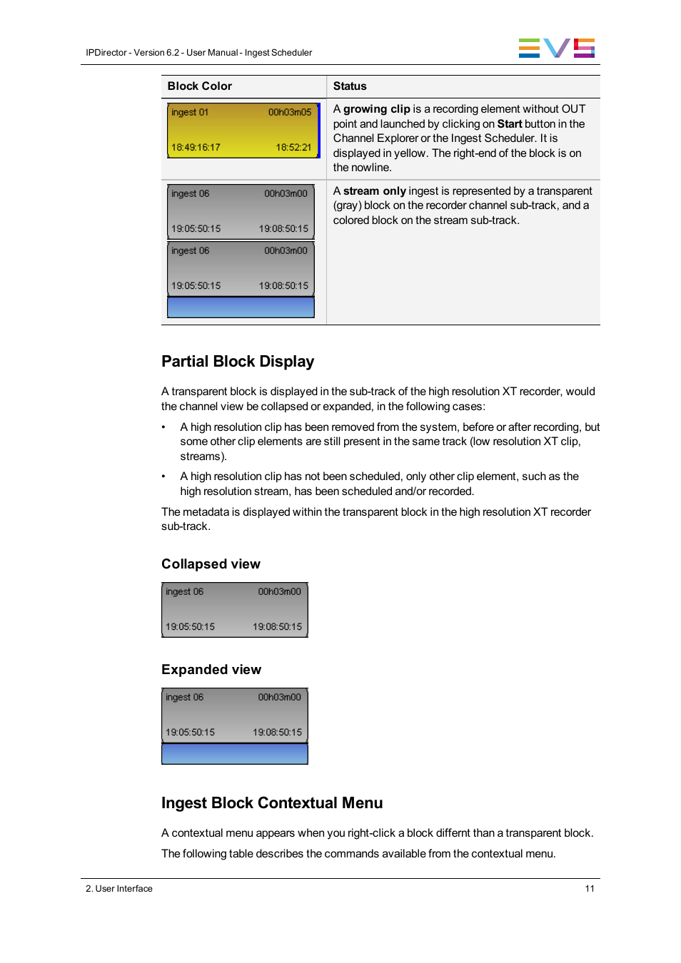 Partial block display, Ingest block contextual menu | EVS IPDirector Version 6.2 - June 2013 INGEST SCHEDULER User Manual User Manual | Page 21 / 68