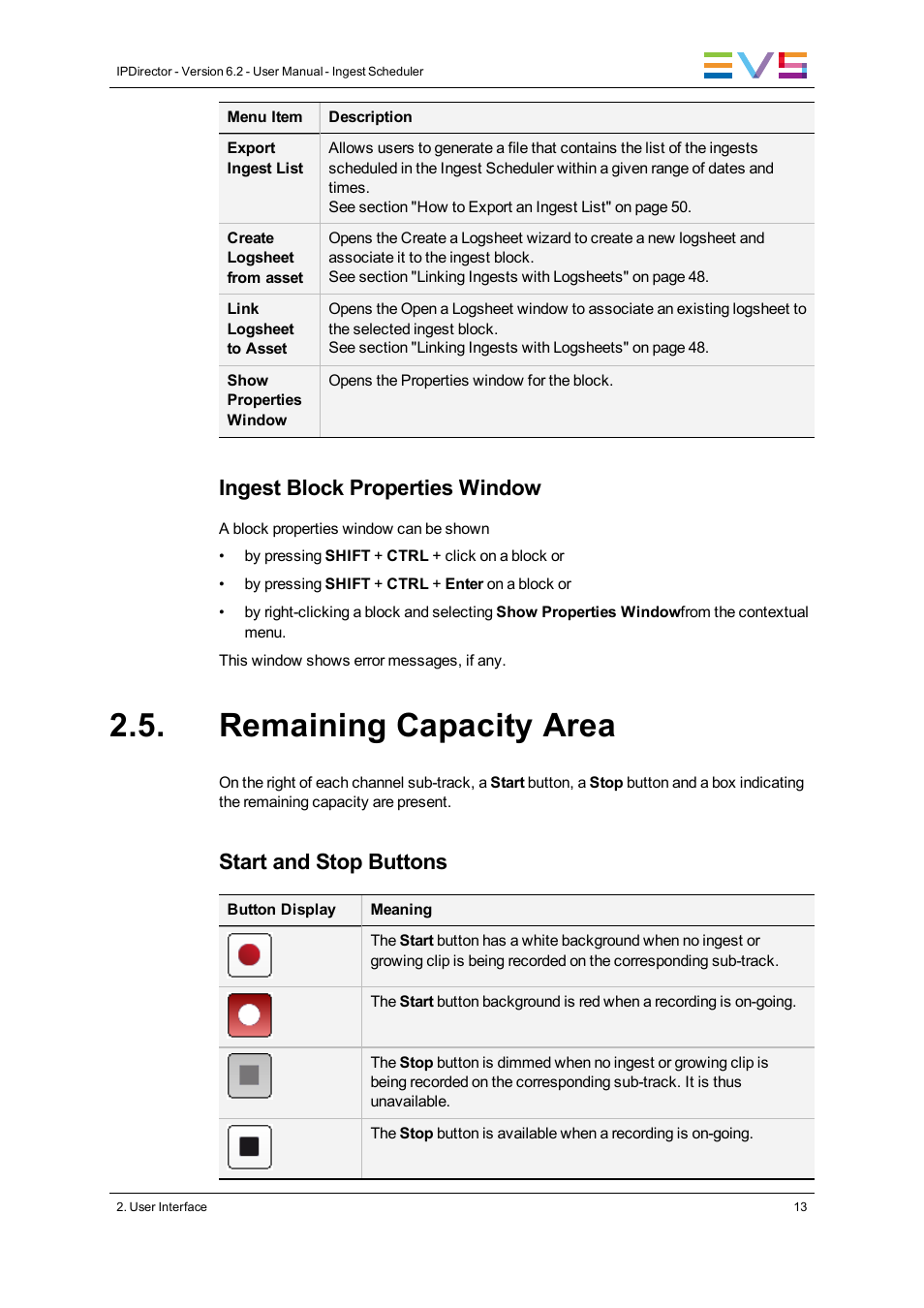 Remaining capacity area, Ingest block properties window, Start and stop buttons | EVS IPDirector Version 6.2 - June 2013 INGEST SCHEDULER User Manual User Manual | Page 23 / 68