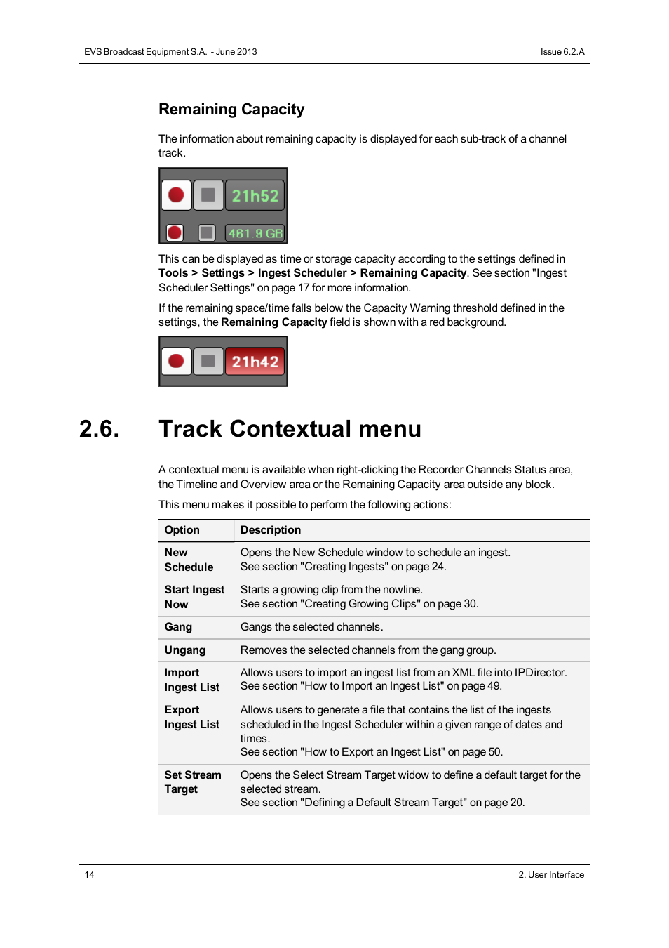 Track contextual menu, Remaining capacity | EVS IPDirector Version 6.2 - June 2013 INGEST SCHEDULER User Manual User Manual | Page 24 / 68