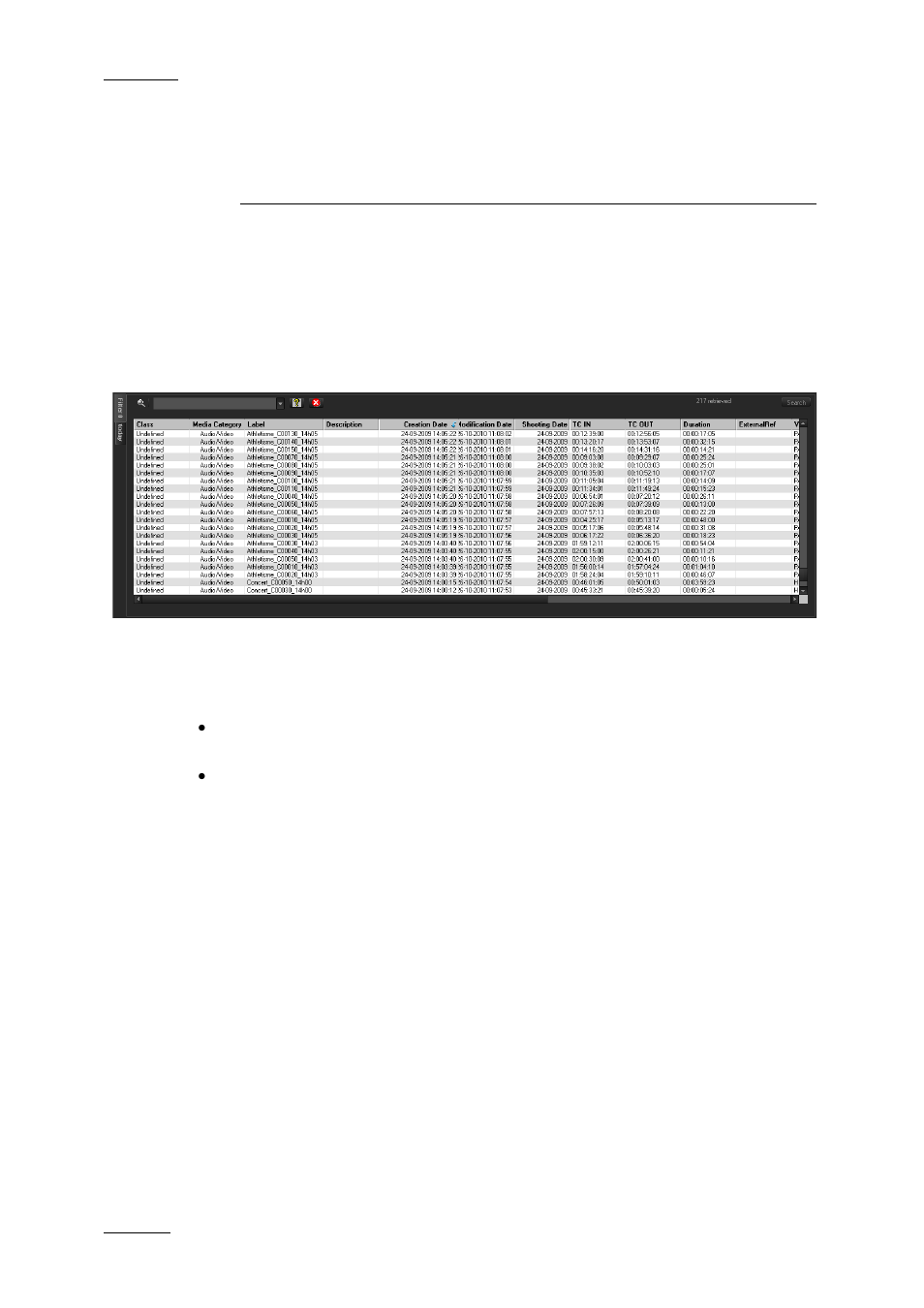 Media manager, 1 overview of the media manager, 2 media list | Displayed columns, Overview of the media manager, Media list | EVS XEDIO Cutter Version 4.1 - December 2011 User Manual User Manual | Page 10 / 39