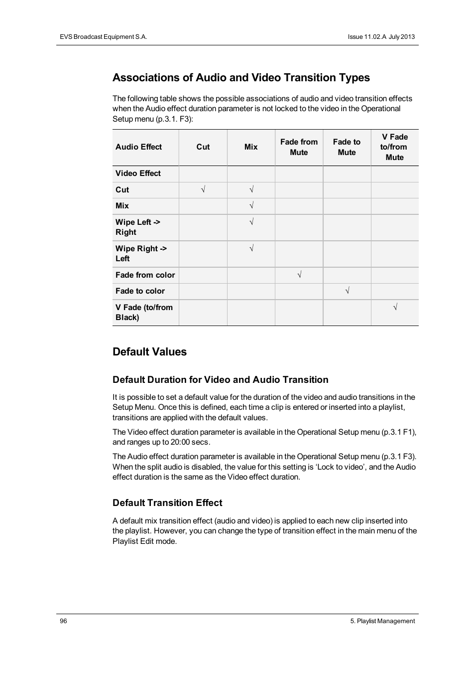 Associations of audio and video transition types, Default values | EVS XSense Version 11.02 - July 2013 Operating Manual User Manual | Page 104 / 181