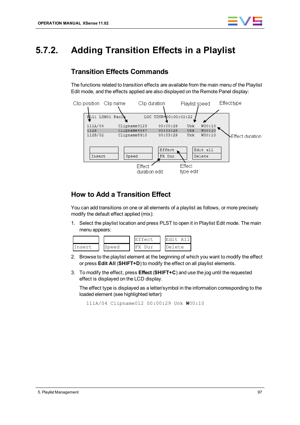 Adding transition effects in a playlist, Transition effects commands, How to add a transition effect | EVS XSense Version 11.02 - July 2013 Operating Manual User Manual | Page 105 / 181