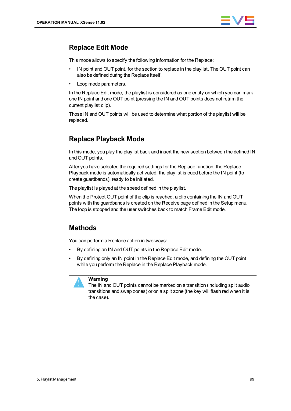 Replace edit mode, Replace playback mode, Methods | EVS XSense Version 11.02 - July 2013 Operating Manual User Manual | Page 107 / 181