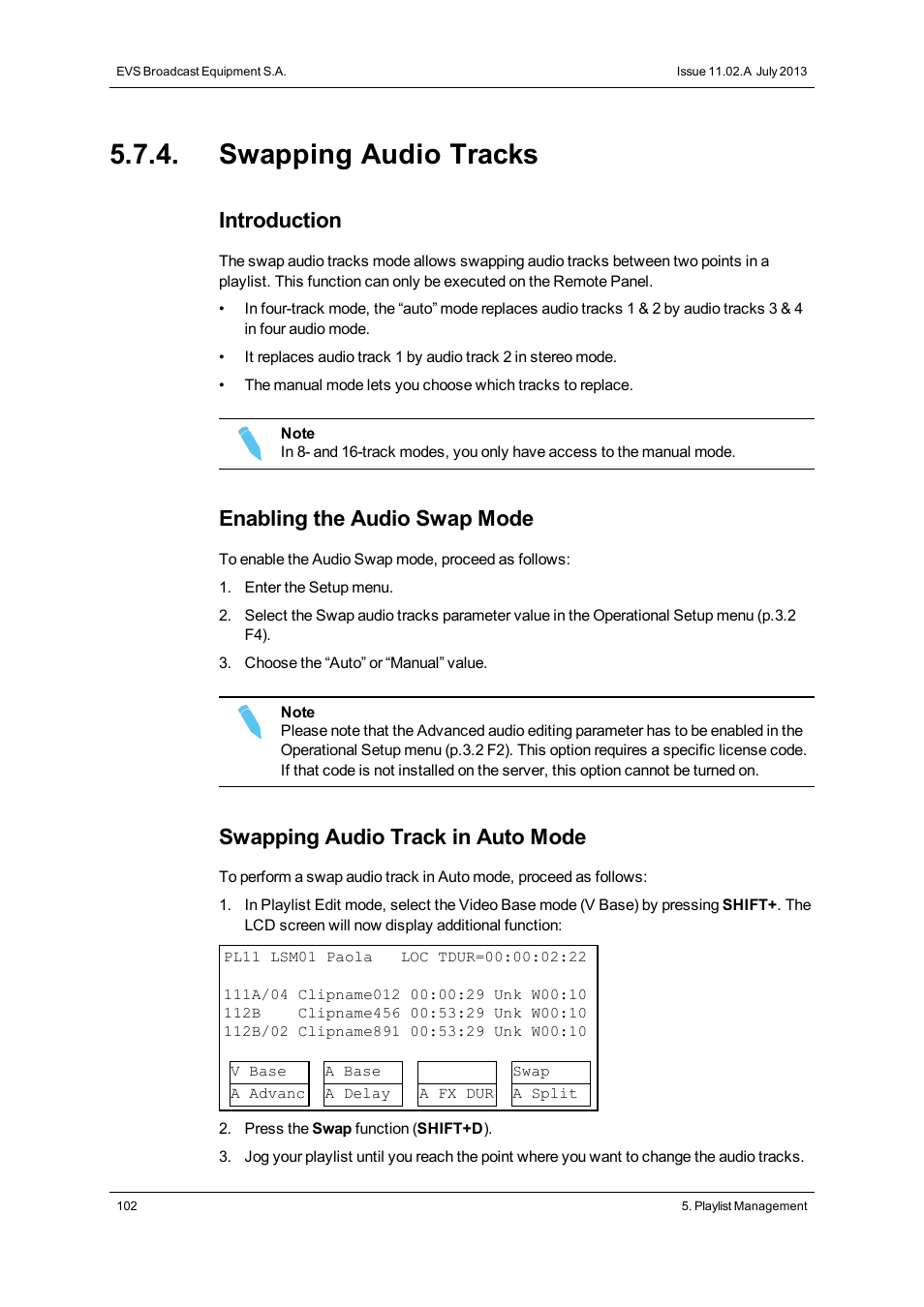 Swapping audio tracks, Introduction, Enabling the audio swap mode | Swapping audio track in auto mode | EVS XSense Version 11.02 - July 2013 Operating Manual User Manual | Page 110 / 181