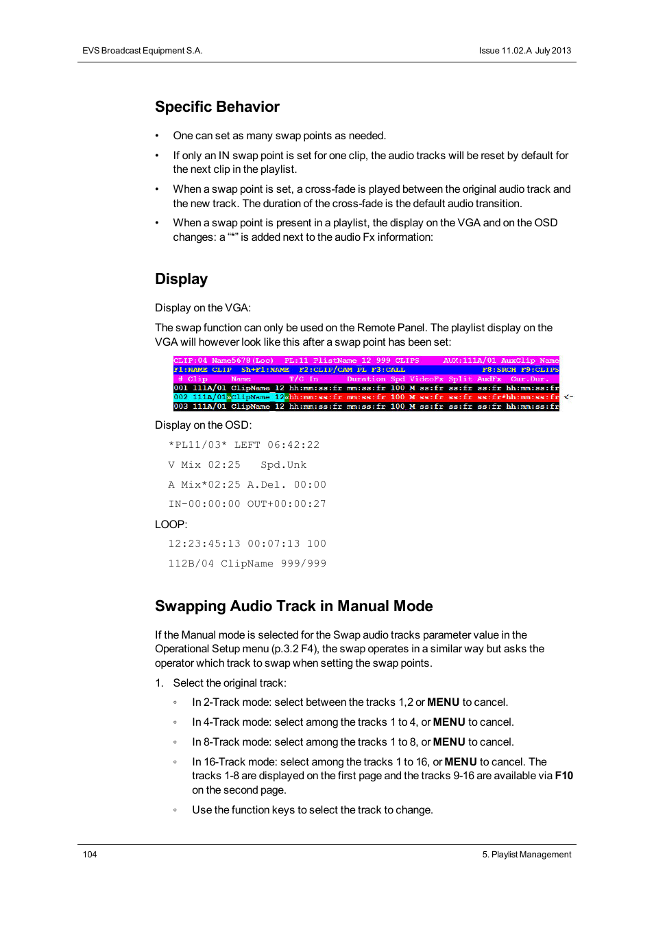 Specific behavior, Display, Swapping audio track in manual mode | EVS XSense Version 11.02 - July 2013 Operating Manual User Manual | Page 112 / 181