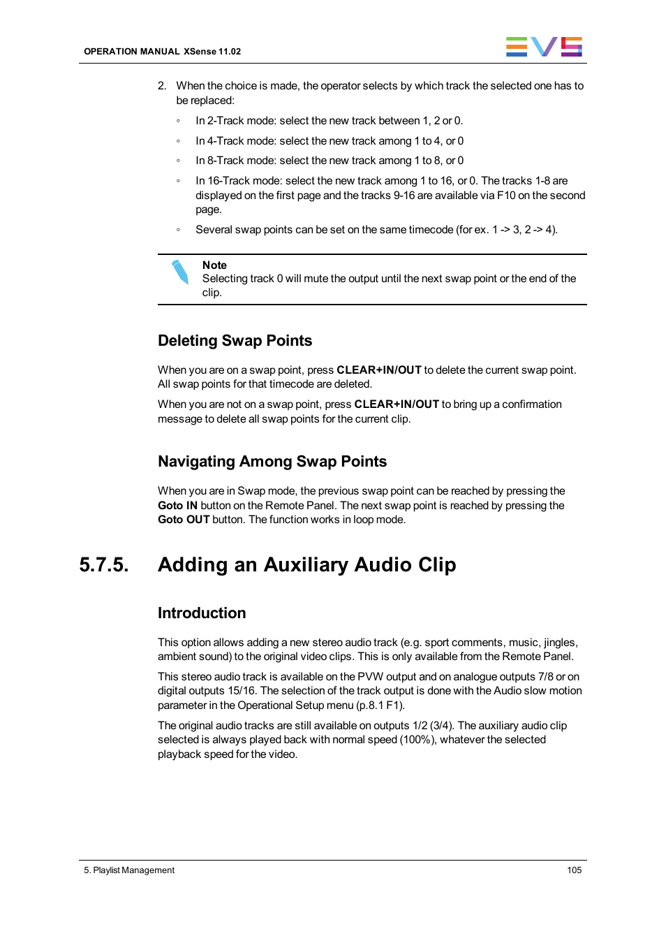Adding an auxiliary audio clip, Deleting swap points, Navigating among swap points | Introduction | EVS XSense Version 11.02 - July 2013 Operating Manual User Manual | Page 113 / 181