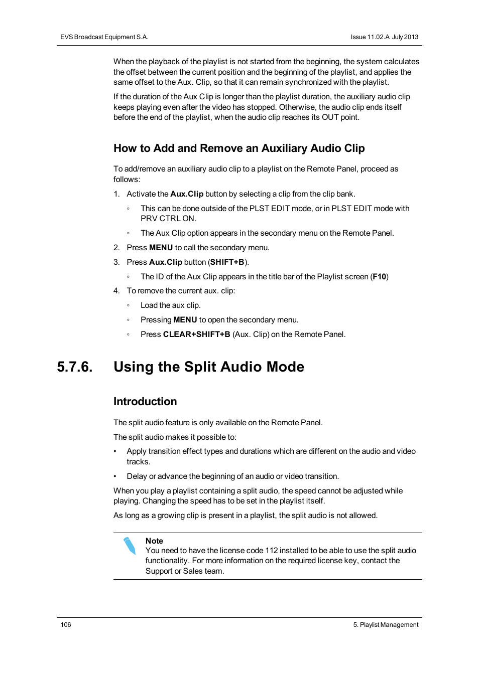 Using the split audio mode, How to add and remove an auxiliary audio clip, Introduction | EVS XSense Version 11.02 - July 2013 Operating Manual User Manual | Page 114 / 181
