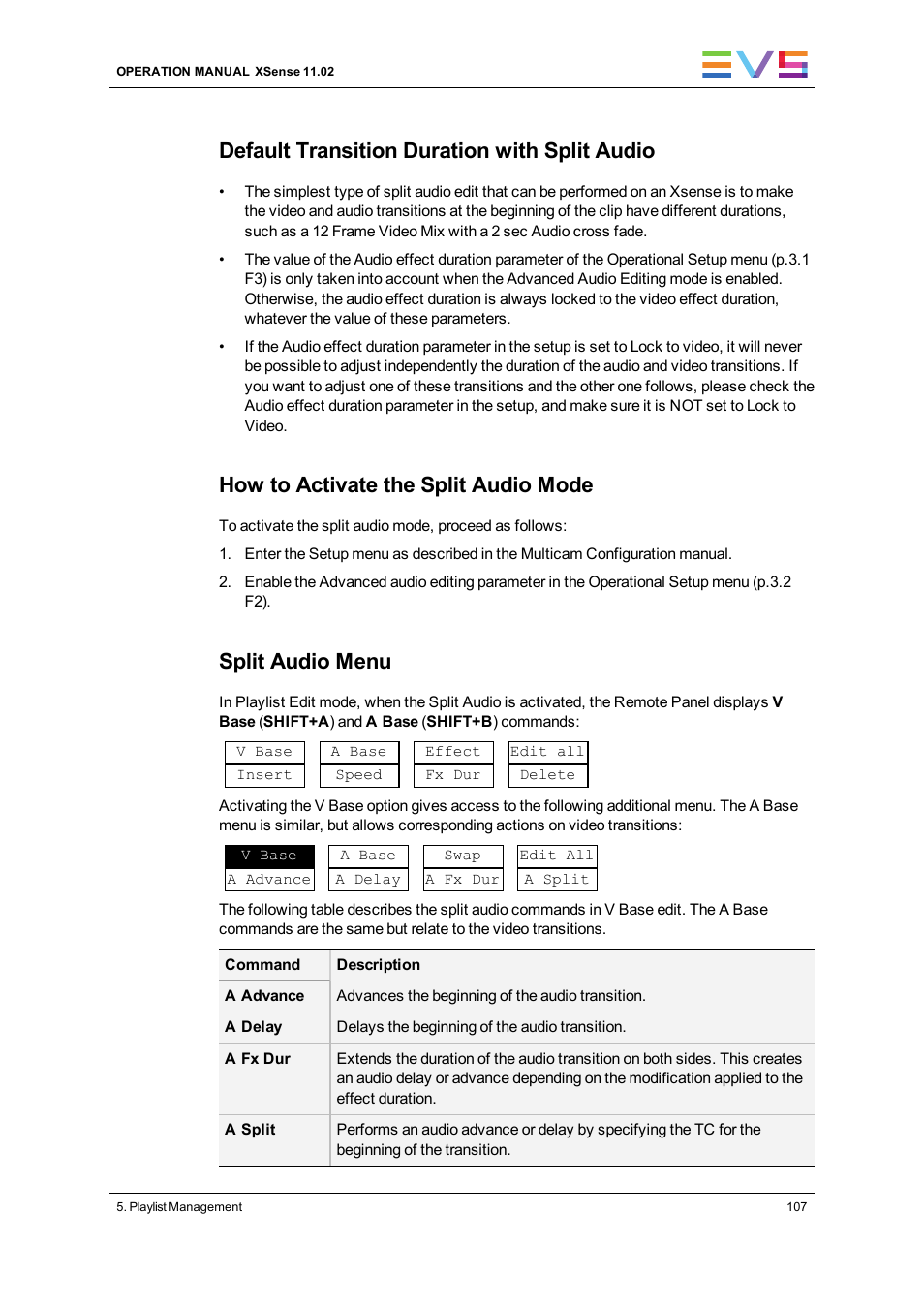 Default transition duration with split audio, How to activate the split audio mode, Split audio menu | EVS XSense Version 11.02 - July 2013 Operating Manual User Manual | Page 115 / 181