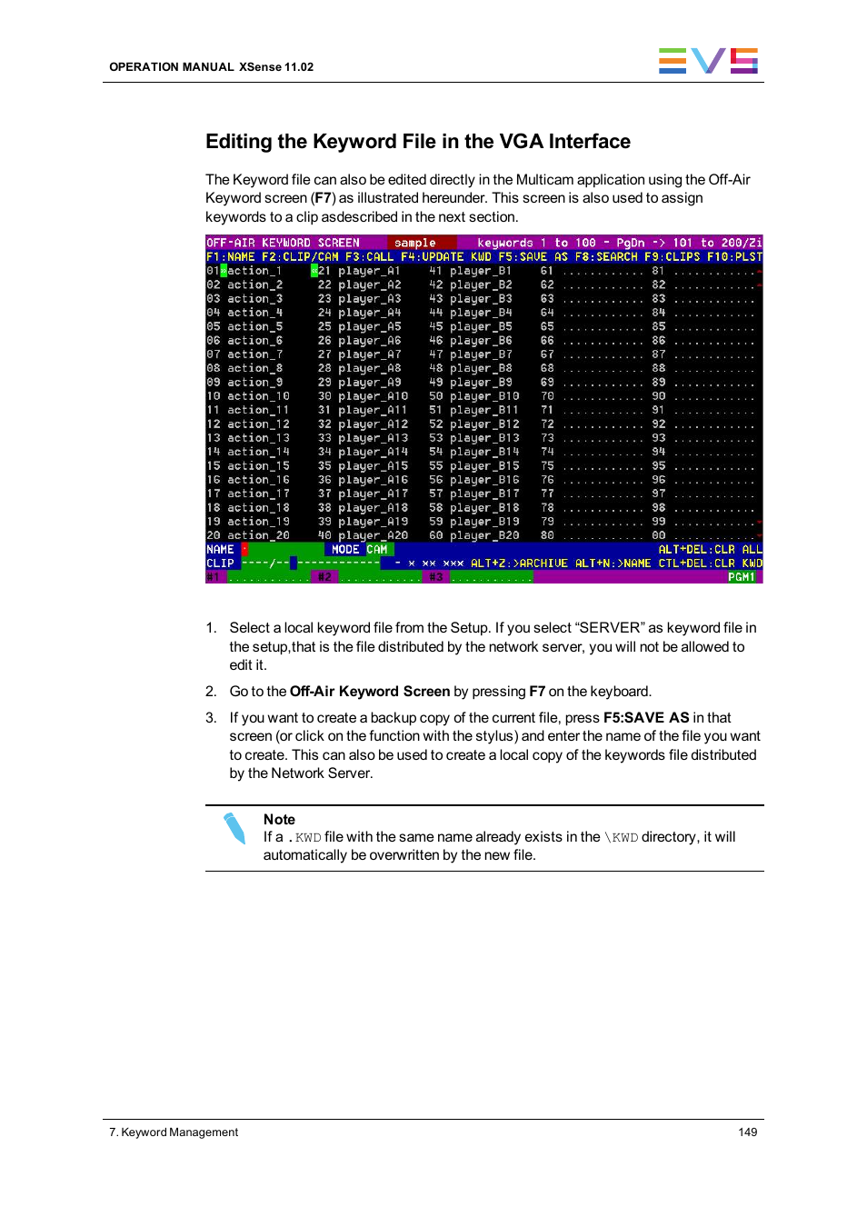 Editing the keyword file in the vga interface | EVS XSense Version 11.02 - July 2013 Operating Manual User Manual | Page 157 / 181