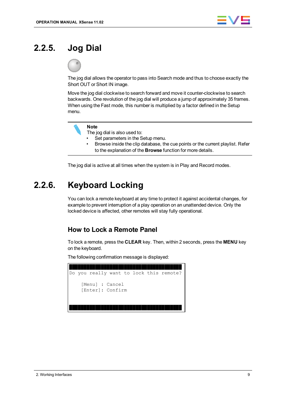 Jog dial, Keyboard locking, How to lock a remote panel | EVS XSense Version 11.02 - July 2013 Operating Manual User Manual | Page 17 / 181