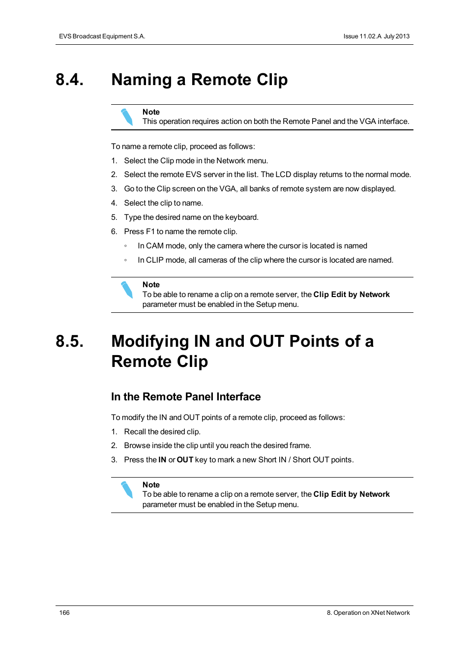 Naming a remote clip, Modifying in and out points of a remote clip | EVS XSense Version 11.02 - July 2013 Operating Manual User Manual | Page 174 / 181