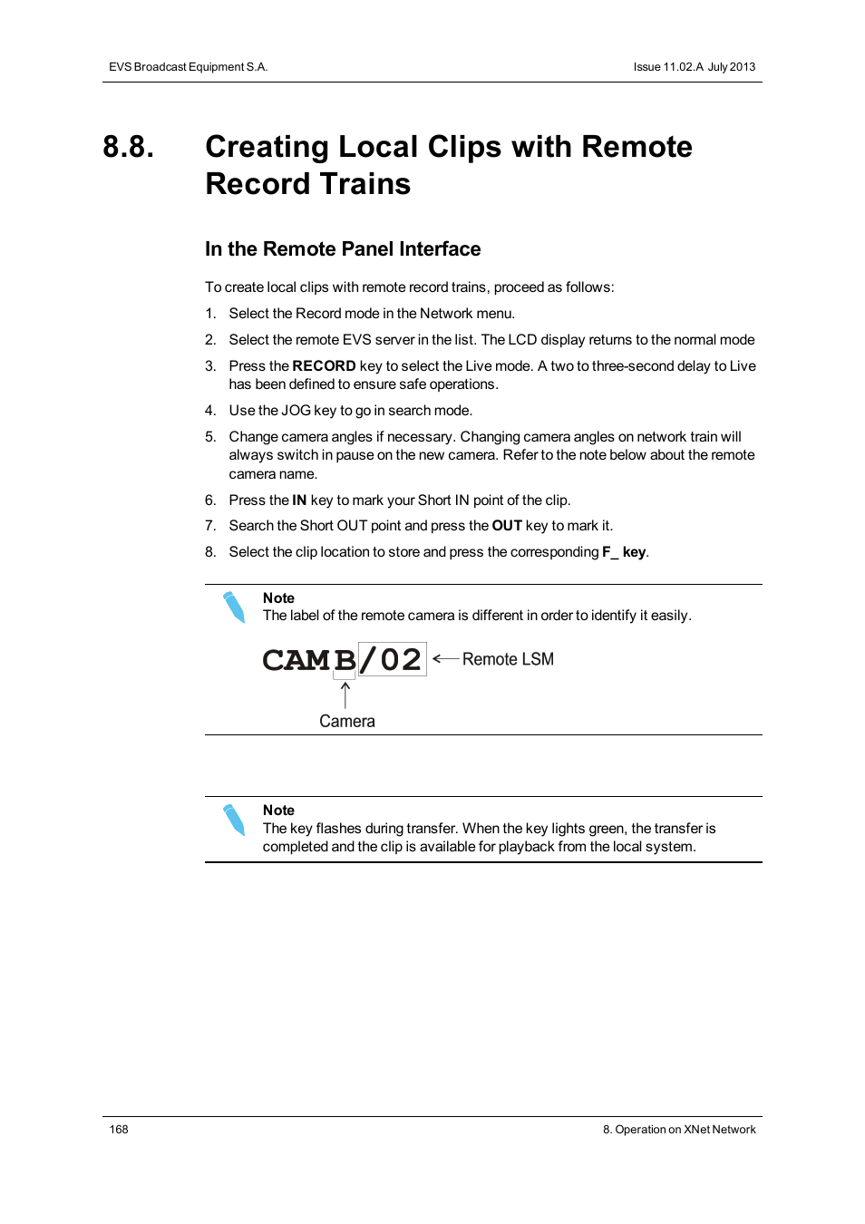 Creating local clips with remote record trains | EVS XSense Version 11.02 - July 2013 Operating Manual User Manual | Page 176 / 181