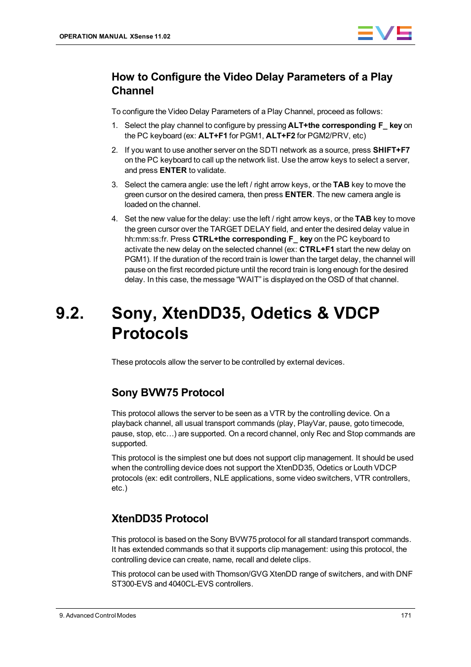 Sony, xtendd35, odetics & vdcp protocols, Sony bvw75 protocol, Xtendd35 protocol | EVS XSense Version 11.02 - July 2013 Operating Manual User Manual | Page 179 / 181