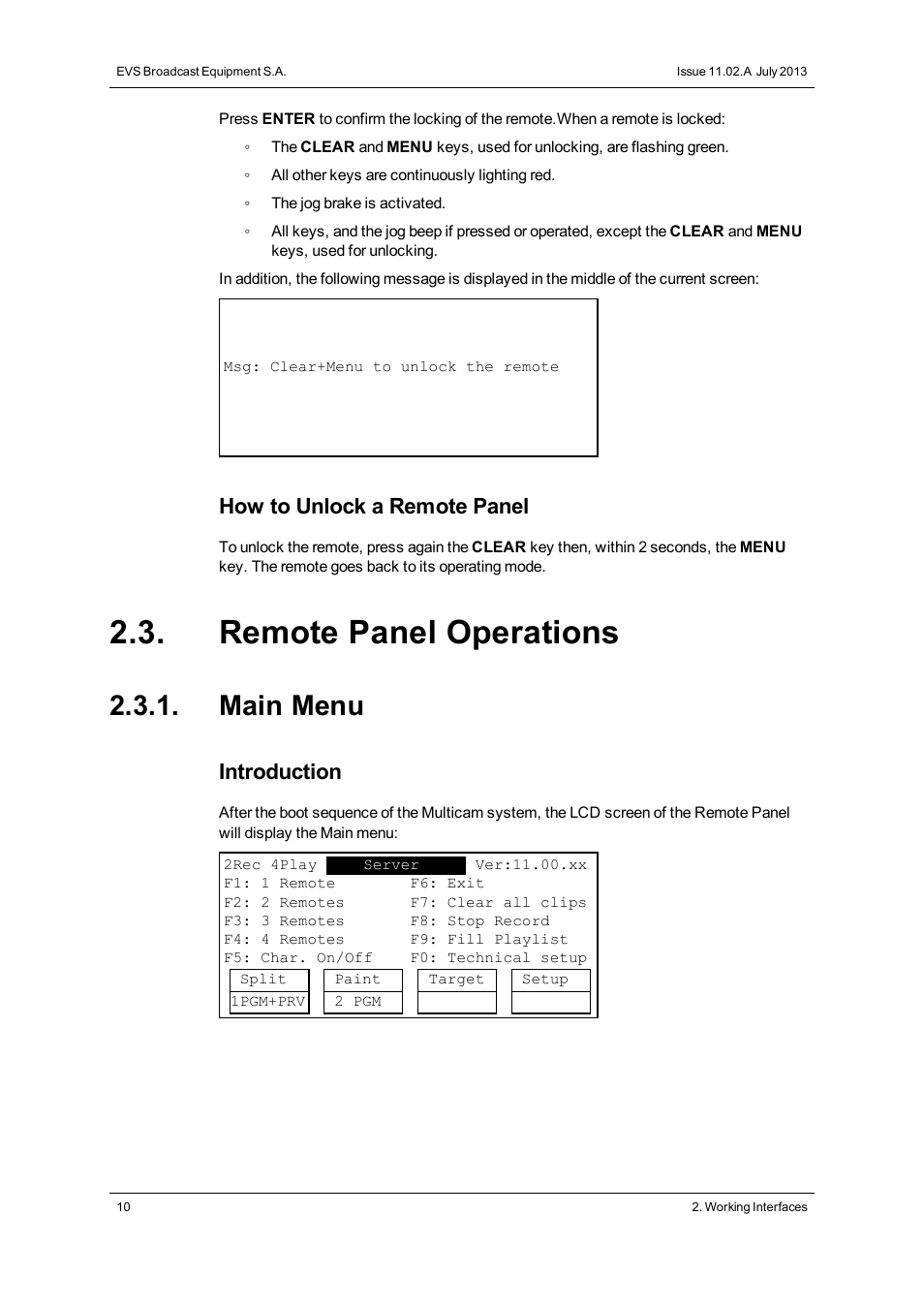 Remote panel operations, Main menu, How to unlock a remote panel | Introduction | EVS XSense Version 11.02 - July 2013 Operating Manual User Manual | Page 18 / 181