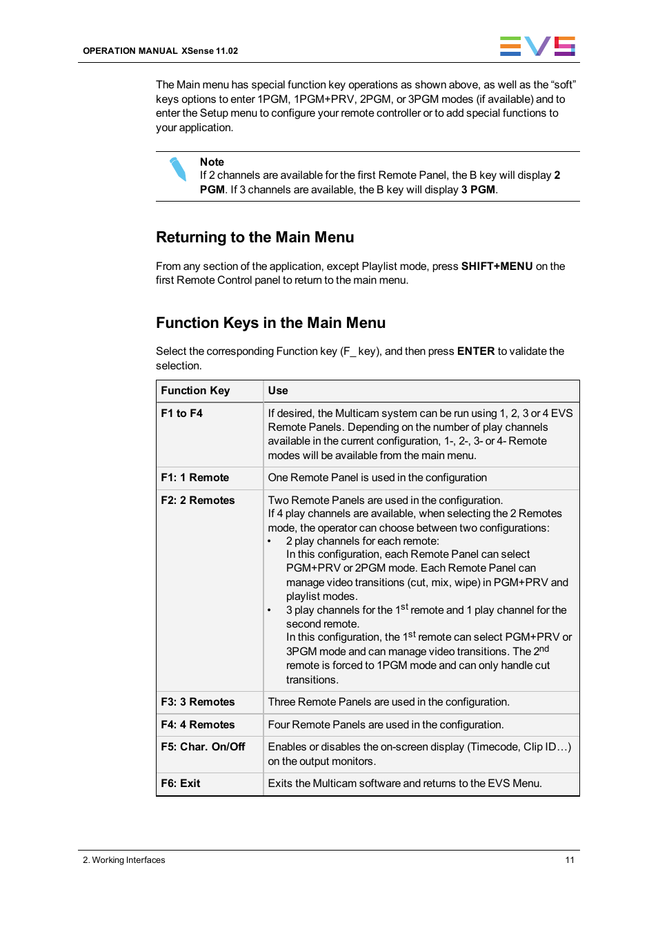 Returning to the main menu, Function keys in the main menu | EVS XSense Version 11.02 - July 2013 Operating Manual User Manual | Page 19 / 181