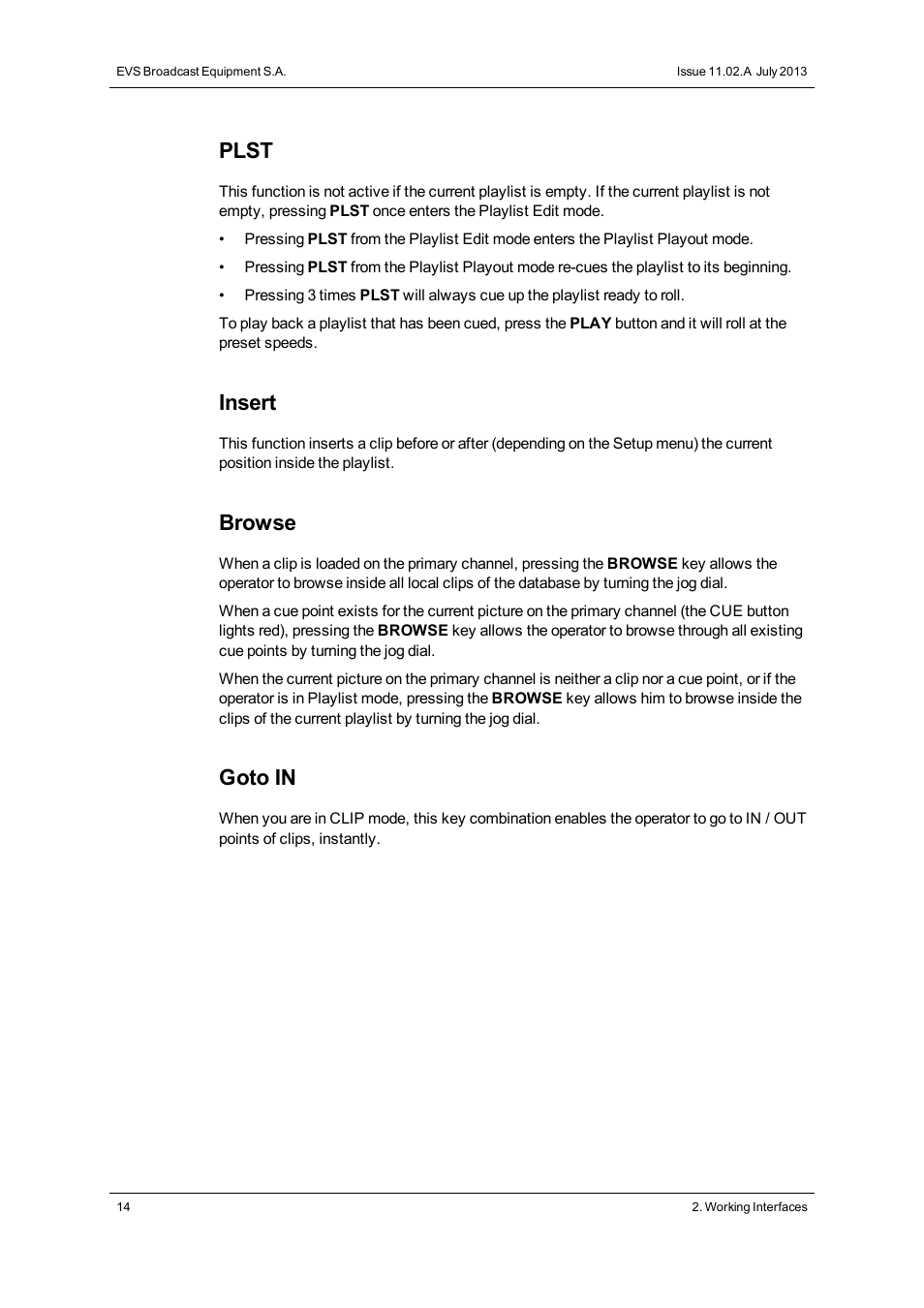 Plst, Insert, Browse | Goto in | EVS XSense Version 11.02 - July 2013 Operating Manual User Manual | Page 22 / 181