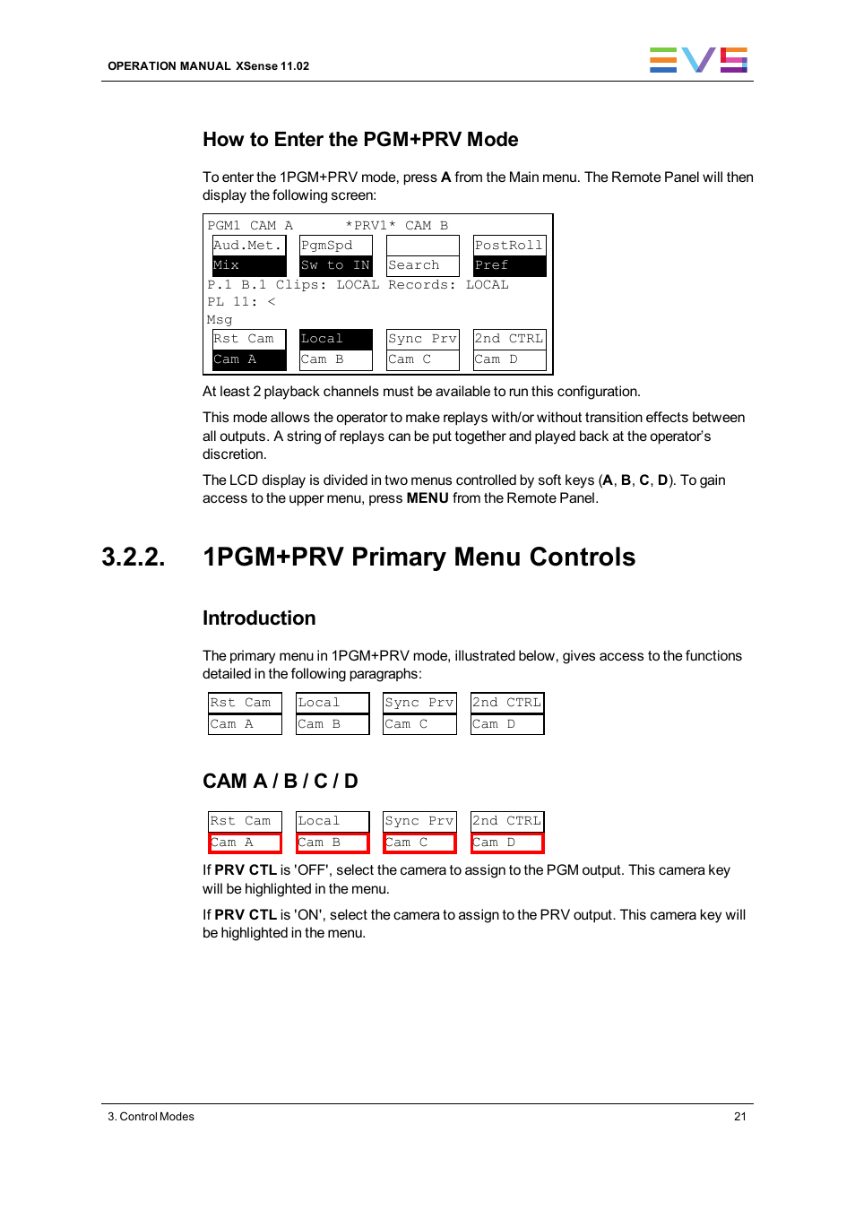 1pgm+prv primary menu controls, How to enter the pgm+prv mode, Introduction | Cam a / b / c / d | EVS XSense Version 11.02 - July 2013 Operating Manual User Manual | Page 29 / 181