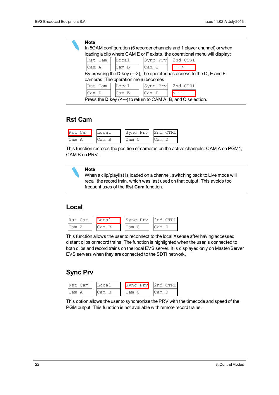 Rst cam, Local, Sync prv | EVS XSense Version 11.02 - July 2013 Operating Manual User Manual | Page 30 / 181