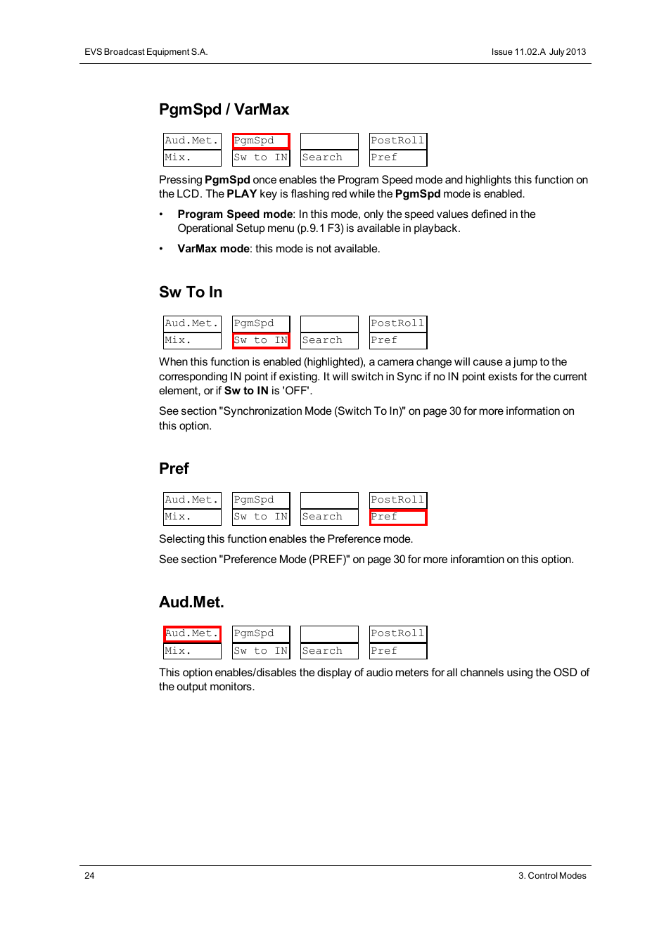 Pgmspd / varmax, Sw to in, Pref | Aud.met | EVS XSense Version 11.02 - July 2013 Operating Manual User Manual | Page 32 / 181