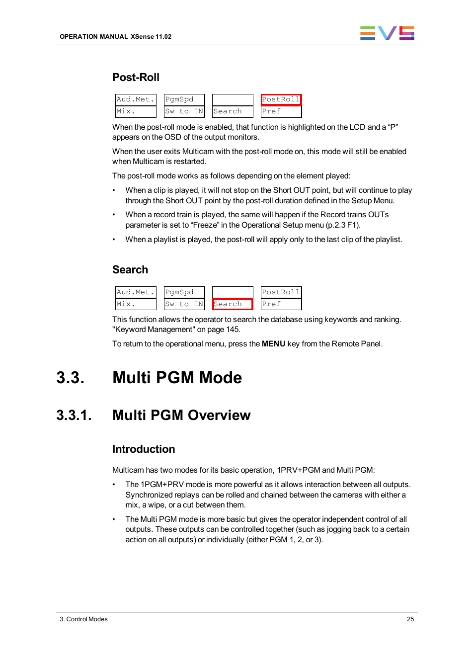 Multi pgm mode, Multi pgm overview, Post-roll | Search, Introduction | EVS XSense Version 11.02 - July 2013 Operating Manual User Manual | Page 33 / 181