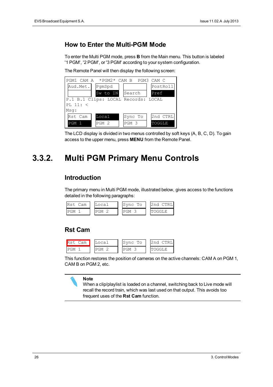 Multi pgm primary menu controls, How to enter the multi-pgm mode, Introduction | Rst cam | EVS XSense Version 11.02 - July 2013 Operating Manual User Manual | Page 34 / 181