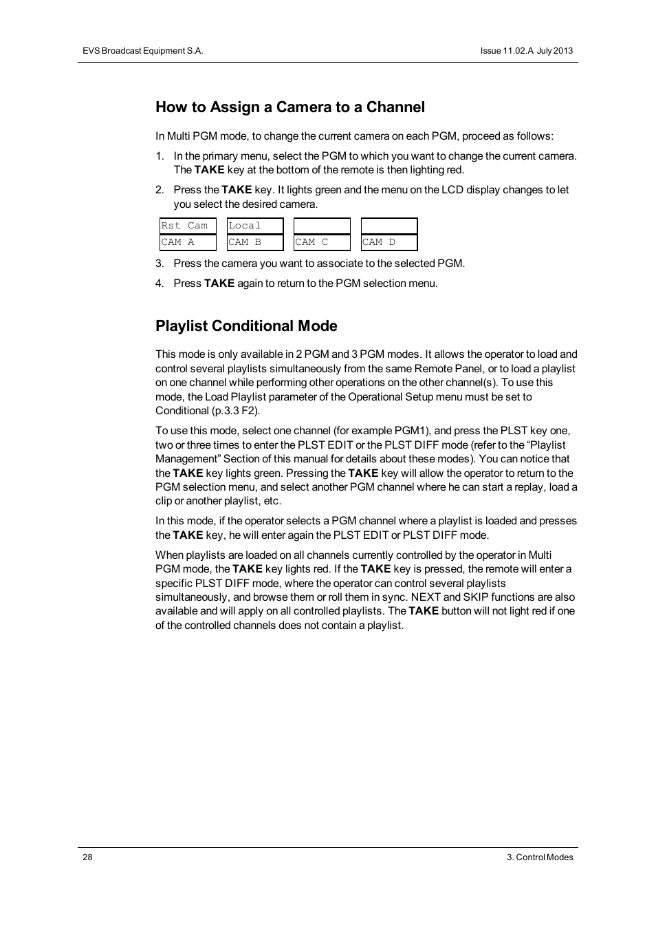 How to assign a camera to a channel, Playlist conditional mode | EVS XSense Version 11.02 - July 2013 Operating Manual User Manual | Page 36 / 181