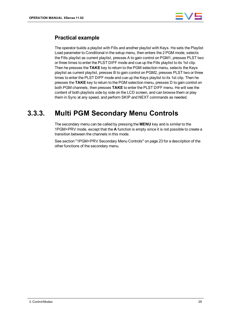 Multi pgm secondary menu controls, Practical example | EVS XSense Version 11.02 - July 2013 Operating Manual User Manual | Page 37 / 181