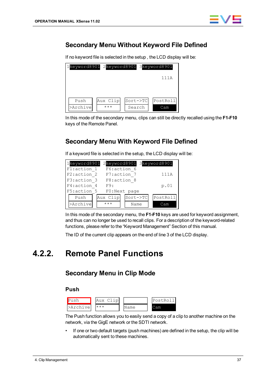 Remote panel functions, Secondary menu without keyword file defined, Secondary menu with keyword file defined | Secondary menu in clip mode | EVS XSense Version 11.02 - July 2013 Operating Manual User Manual | Page 45 / 181