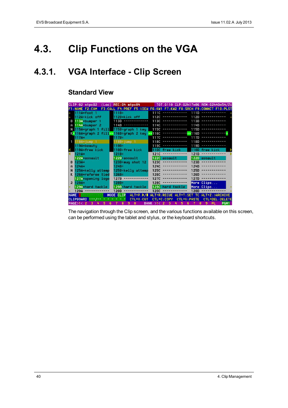 Clip functions on the vga, Vga interface - clip screen | EVS XSense Version 11.02 - July 2013 Operating Manual User Manual | Page 48 / 181