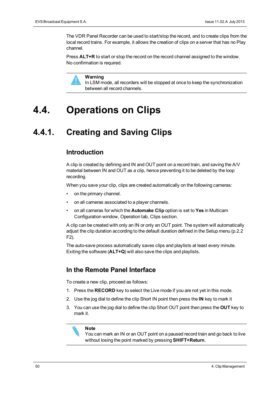 Operations on clips, Creating and saving clips, Introduction | EVS XSense Version 11.02 - July 2013 Operating Manual User Manual | Page 58 / 181