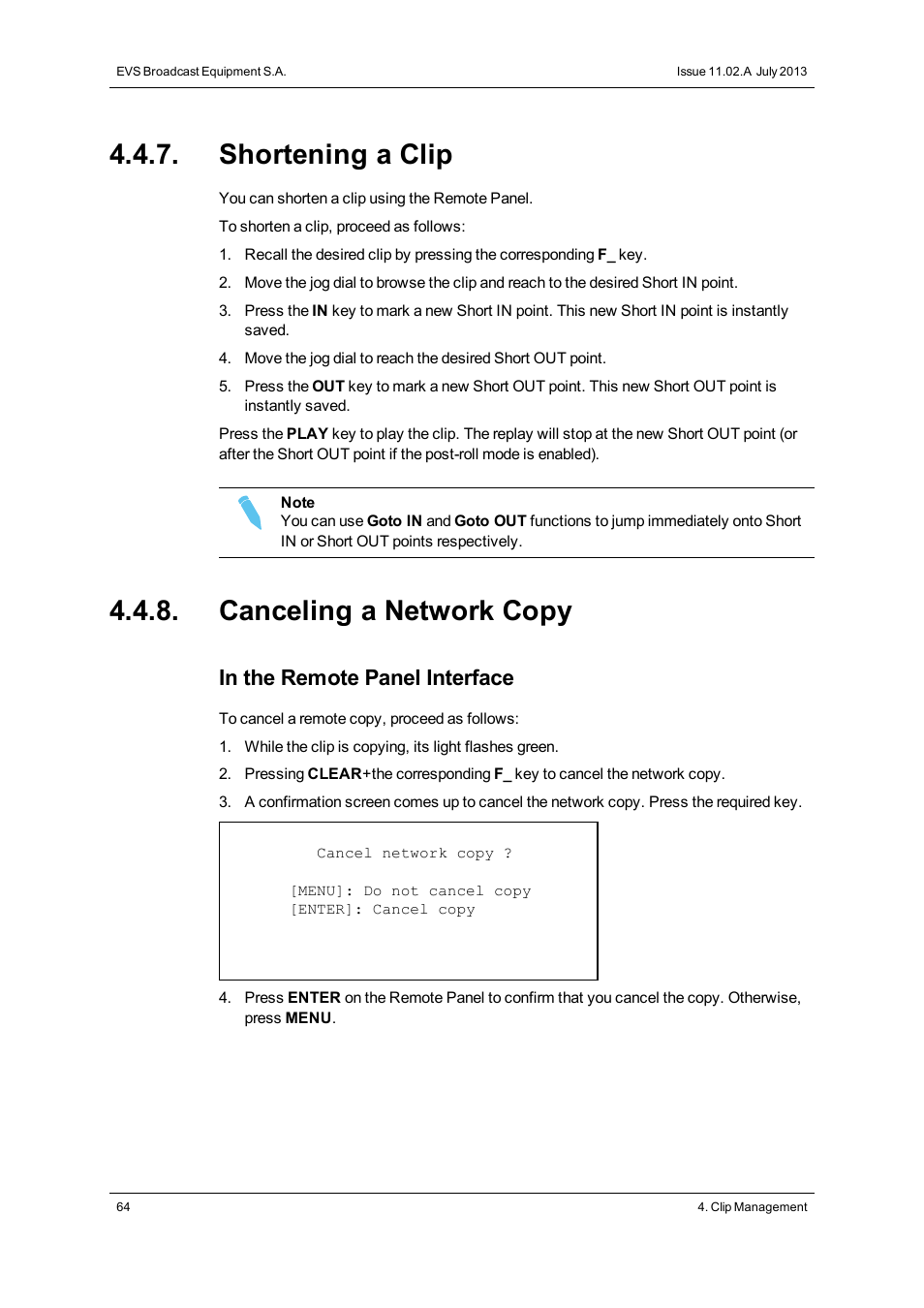 Shortening a clip, Canceling a network copy | EVS XSense Version 11.02 - July 2013 Operating Manual User Manual | Page 72 / 181