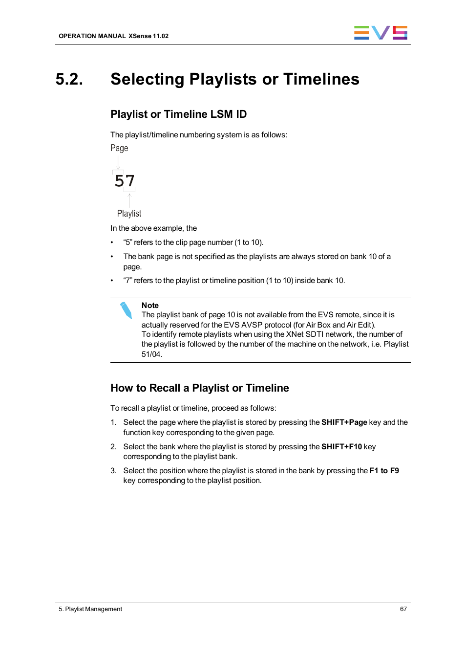 Selecting playlists or timelines, Playlist or timeline lsm id, How to recall a playlist or timeline | EVS XSense Version 11.02 - July 2013 Operating Manual User Manual | Page 75 / 181