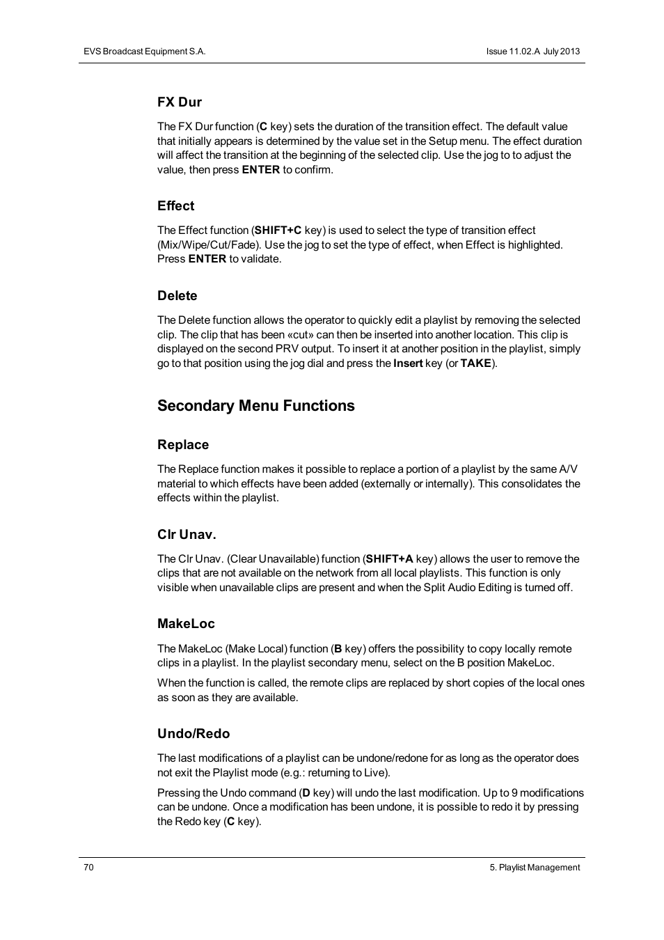 Secondary menu functions | EVS XSense Version 11.02 - July 2013 Operating Manual User Manual | Page 78 / 181