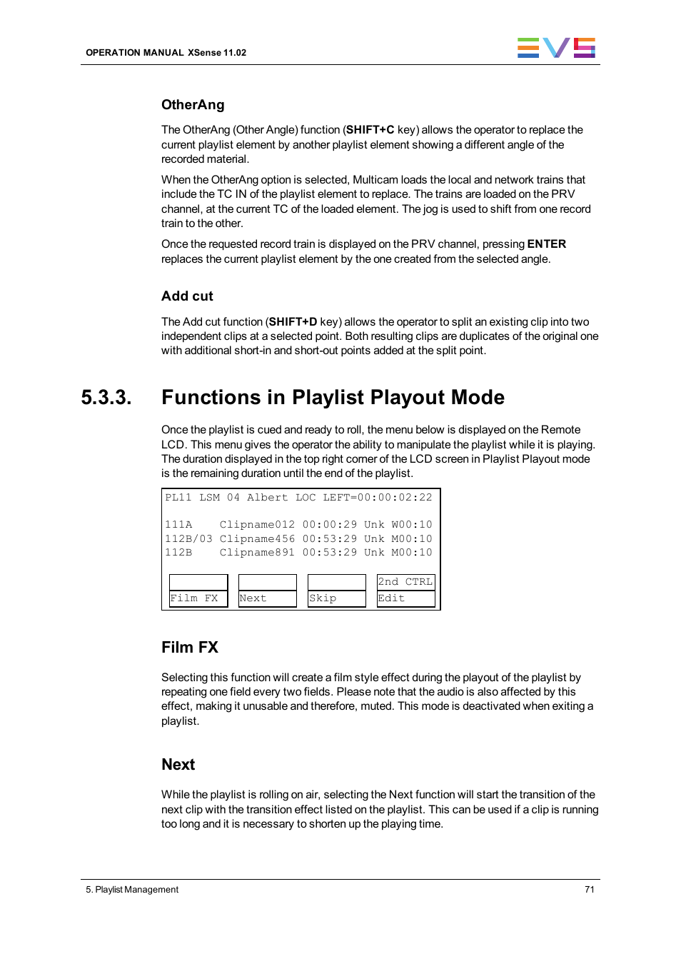 Functions in playlist playout mode, Film fx, Next | EVS XSense Version 11.02 - July 2013 Operating Manual User Manual | Page 79 / 181