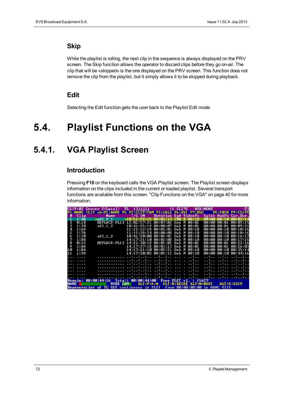 Playlist functions on the vga, Vga playlist screen | EVS XSense Version 11.02 - July 2013 Operating Manual User Manual | Page 80 / 181