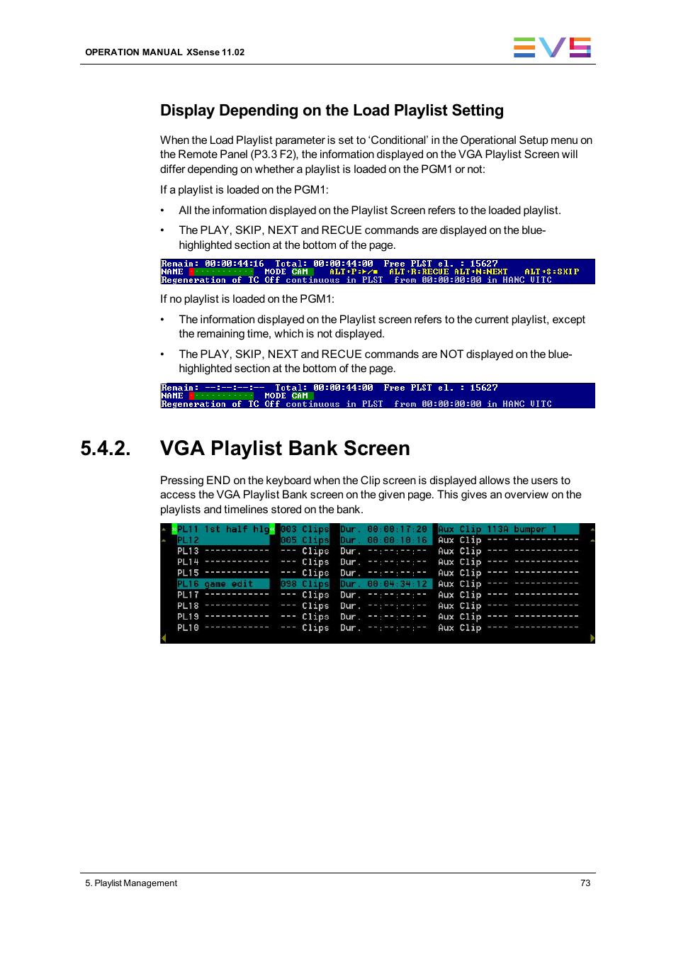 Vga playlist bank screen, Display depending on the load playlist setting | EVS XSense Version 11.02 - July 2013 Operating Manual User Manual | Page 81 / 181