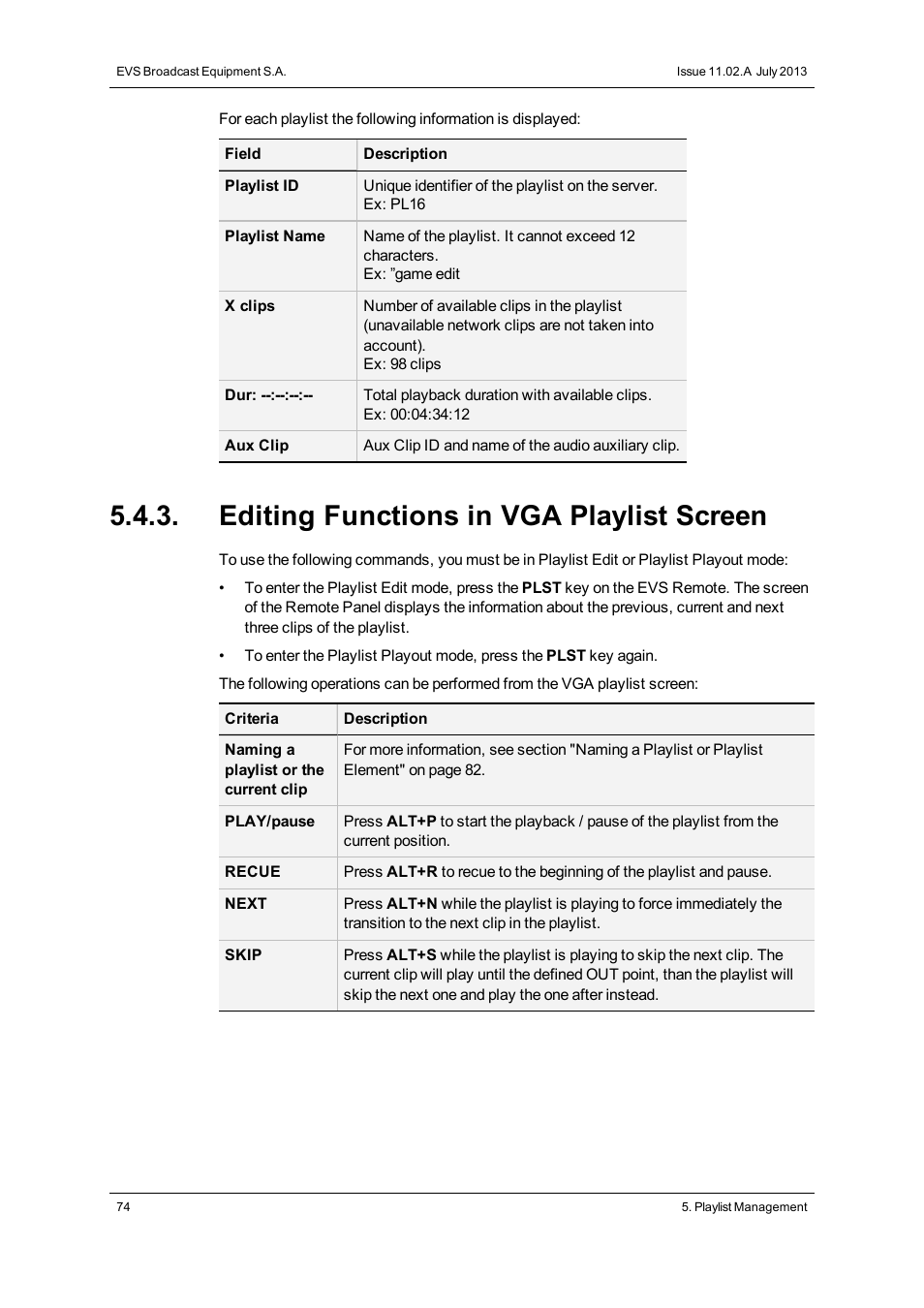 Editing functions in vga playlist screen | EVS XSense Version 11.02 - July 2013 Operating Manual User Manual | Page 82 / 181