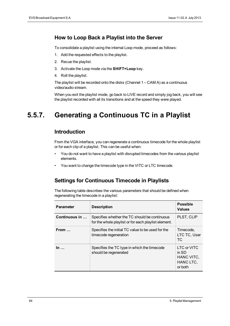 Generating a continuous tc in a playlist, How to loop back a playlist into the server, Introduction | Settings for continuous timecode in playlists | EVS XSense Version 11.02 - July 2013 Operating Manual User Manual | Page 92 / 181