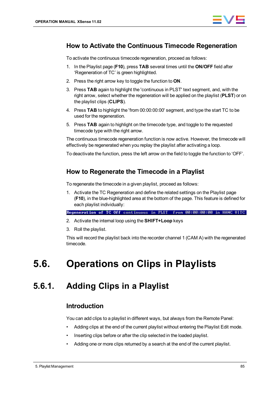 Operations on clips in playlists, Adding clips in a playlist, How to regenerate the timecode in a playlist | Introduction | EVS XSense Version 11.02 - July 2013 Operating Manual User Manual | Page 93 / 181