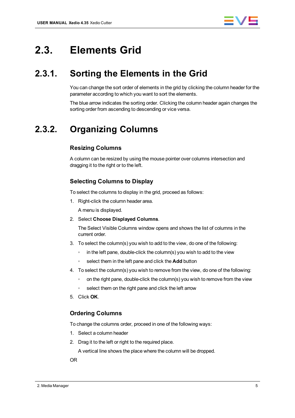 Elements grid, Sorting the elements in the grid, Organizing columns | EVS XEDIO Cutter Version 4.35 - August 2013 User Manual User Manual | Page 13 / 46