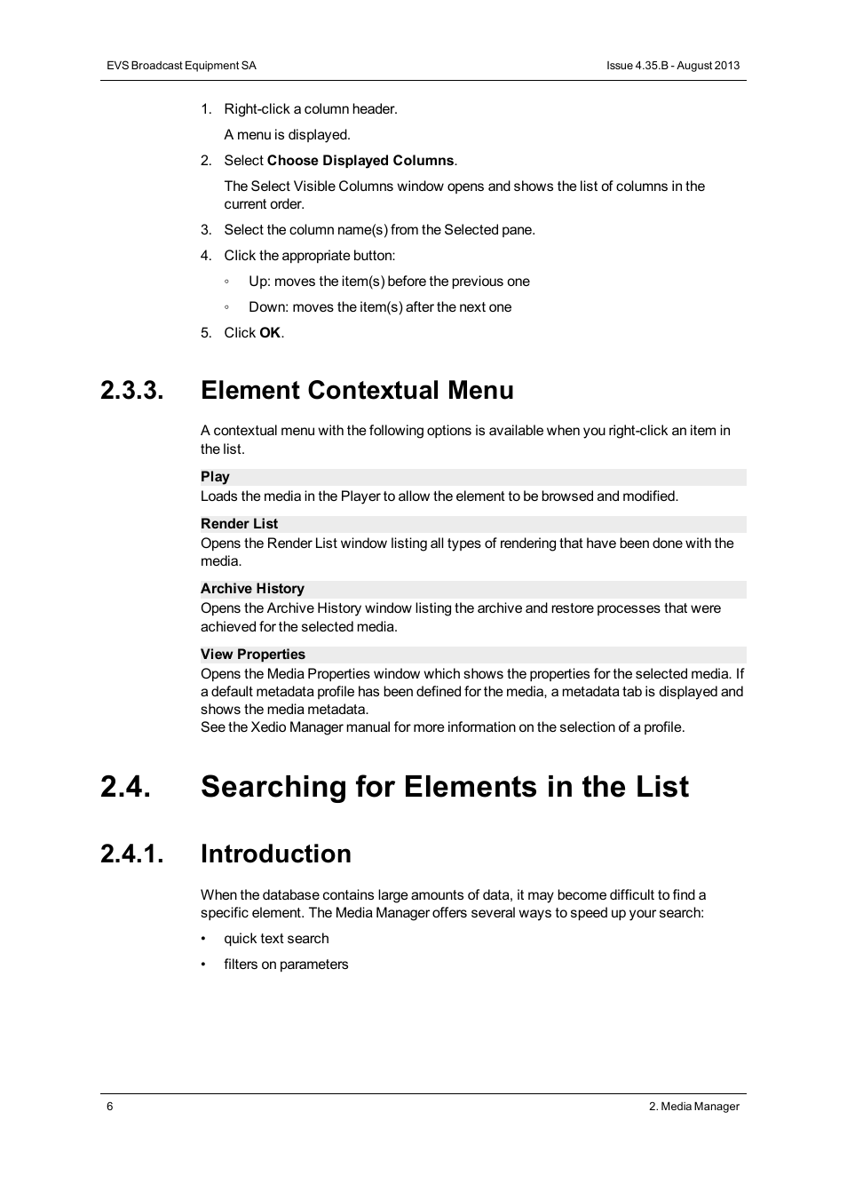 Element contextual menu, Searching for elements in the list, Introduction | EVS XEDIO Cutter Version 4.35 - August 2013 User Manual User Manual | Page 14 / 46